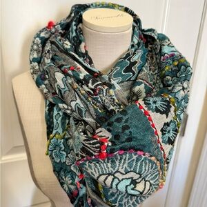 Raj Teal and Black Floral Scarf with Multicolor Details